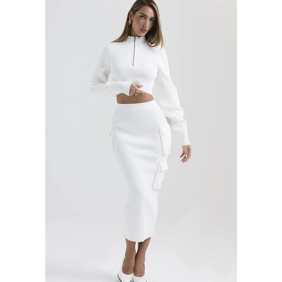 NWOT House of CB Reeva White Balloon Sleeve Ribbed Sweater Zip Top Size Small - Picture 8 of 16